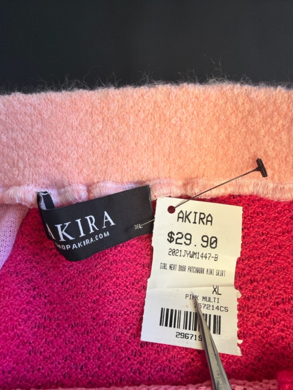 AKIRA Pink Patchwork Mini Skirt NWT | Y2K Colorblock Knit Raw Hem XL - Picture 3 of 7